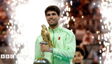 Carlos Alcaraz celebrates winning the Qatar Open