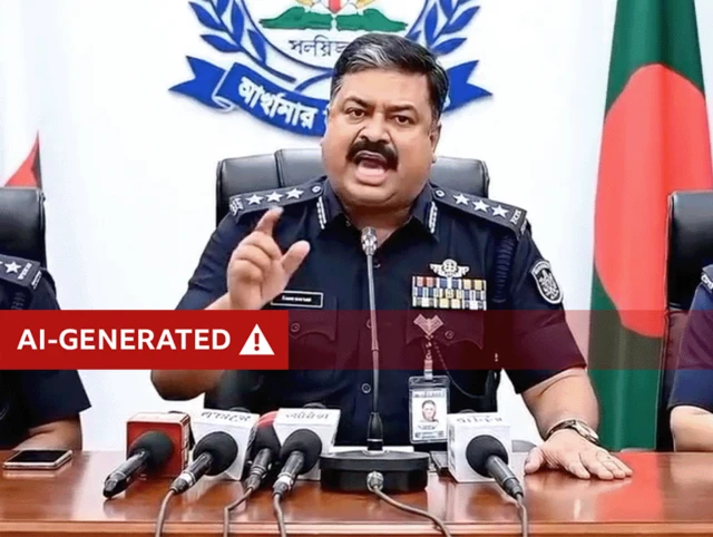 An AI-generated image of a man wearing what appears to be a police uniform speaking at a media briefing, he is speaking and pointing at the camera with microphones on front of him at a desk