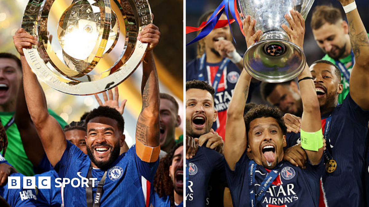 Split image of Chelsea's Reece James lifting the Club World Cup trophy in 2025 and Marquinhos of Paris St-Germain lifting the Champions League trophy
