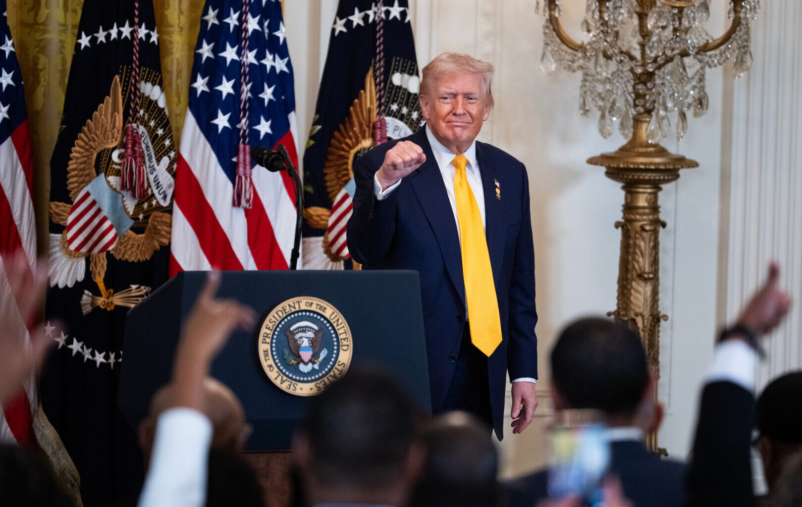 President Donald Trump -- shown at a Black History Month reception at the White House on Wednesday -- is, like the rest of Washington, awaiting the Supreme Court's tariff decision.