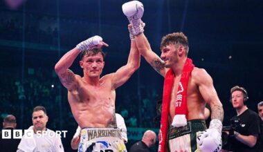 Josh Warrington holds up Leigh Wood's hand