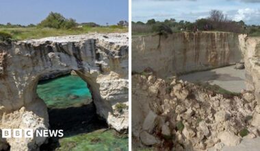 A side by side comparison of before 'lovers arch' crumbled, which looks scenic, and after when bad weather caused the arch to collapse' leaving rubble.