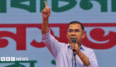 Bangladesh Nationalist Party (BNP) chairman Tarique Rahman speaks during an election campaign rally