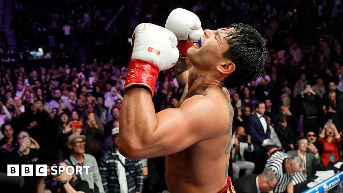 Ryan Garcia celebrates after winning the WBC welterweight in Las Vegas