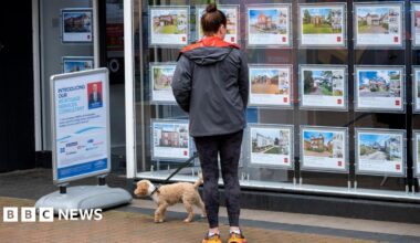 A woman looks in teh window of an estate agent . She is wearing sporty clothes and has a small dog on a lead with her