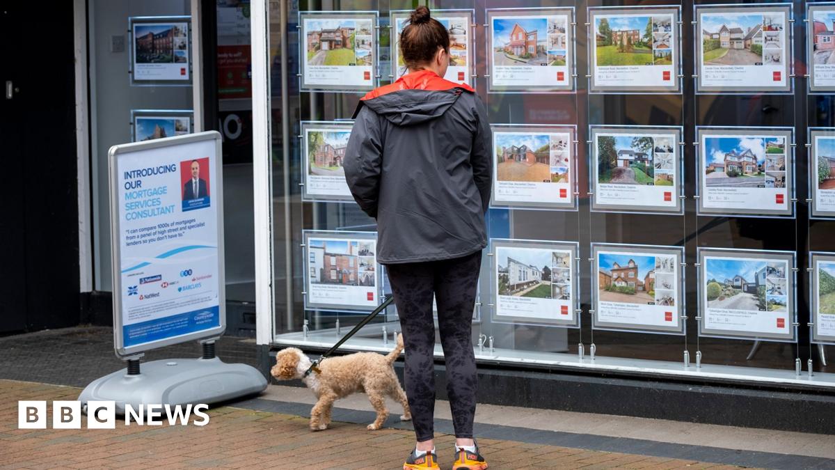 A woman looks in teh window of an estate agent . She is wearing sporty clothes and has a small dog on a lead with her