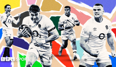 This image features players from the England national rugby union team - Alex Mitchell, Tommy Freeman, Immanuel Feyi-Waboso and Ben Earl