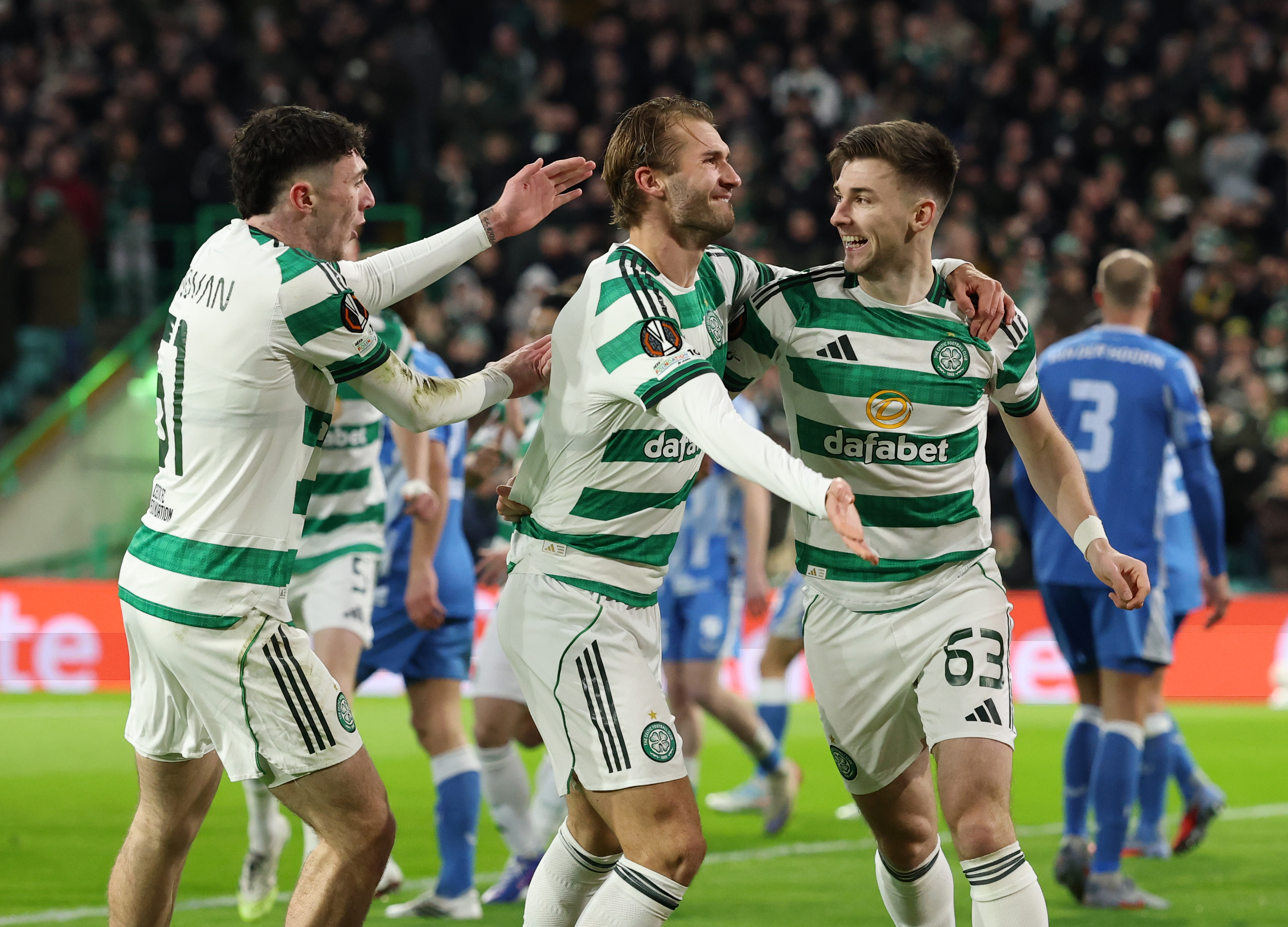 Benjamin Nygren of Celtic celebrates with Kieran Tierney