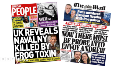 The headline on the front page of the Sunday People reads: “UK reveals Navalny killed by frog toxin”.