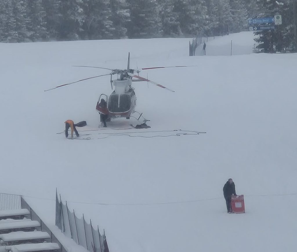 A helicopter at Nakiska Ski Resort after an avalanche sent a youth to hospital in life-threatening condition on Friday, Feb. 27, 2026