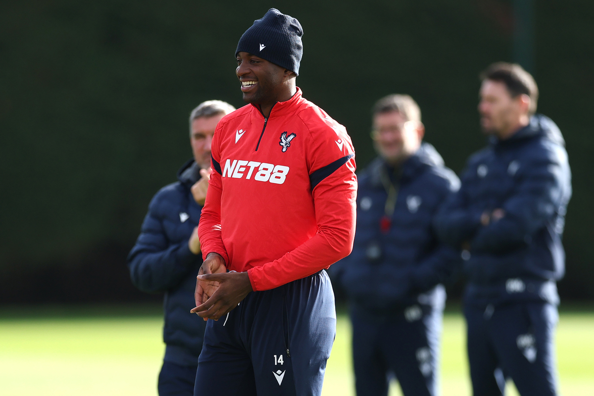 BECKENHAM, ENGLAND - NOVEMBER 05: Jean-Philippe Mateta laughs during a Crystal Palace FC training session at Crystal Palace FC Training Ground on November 05, 2025 in Beckenham, England. (Photo by Richard Pelham/Getty Images)