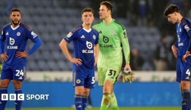 Leicester City's Jamaal Lascelles (far left), Luke Thomas, goalkeeper Asmir Begovic and Ben Nelson (far right) show their dejection after losing 4-3 to Southampton