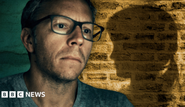 Greg Squire in grey v-neck t-shirt and glasses, next to a treated image of a brick wall and a girl's silhouette