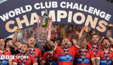 Hull KR celebrate winning World Club Challenge with trophy