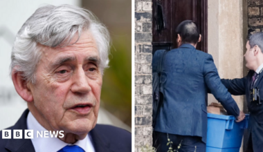 Gordon Brown (left) spoke as the Metropolitan police concluded a search of properties linked to Mandelson (right)