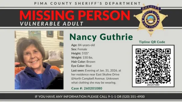 A missing person's poster featuring a photo of Nancy Guthrie, her statisticians and numbers to call if the public finds her.