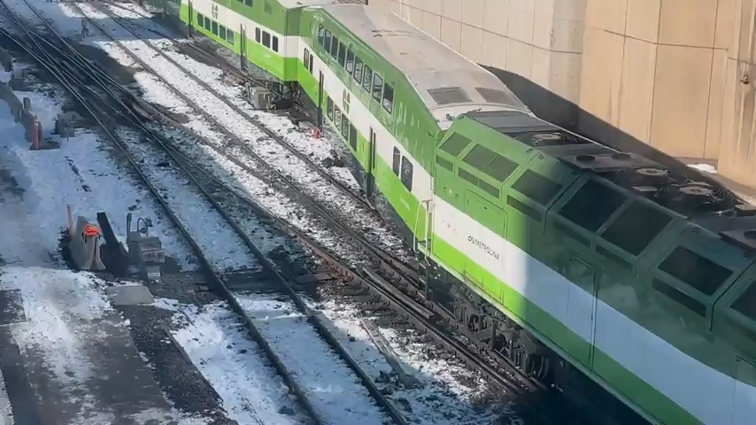 A disabled GO train near Union Station in Toronto on Feb. 2, 2026