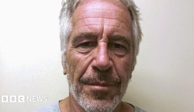 Mugshot of Jeffrey Epstein, with grey hair and beard