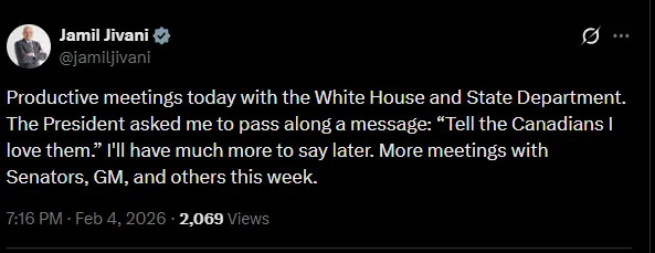 A screenshot of a post Conservative MP Jamil Jivani made on X indicates that he spoke with U.S. President Donald Trump while in Washington.