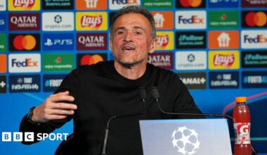 Luis Enrique speaks at a post-match Champions League media conference
