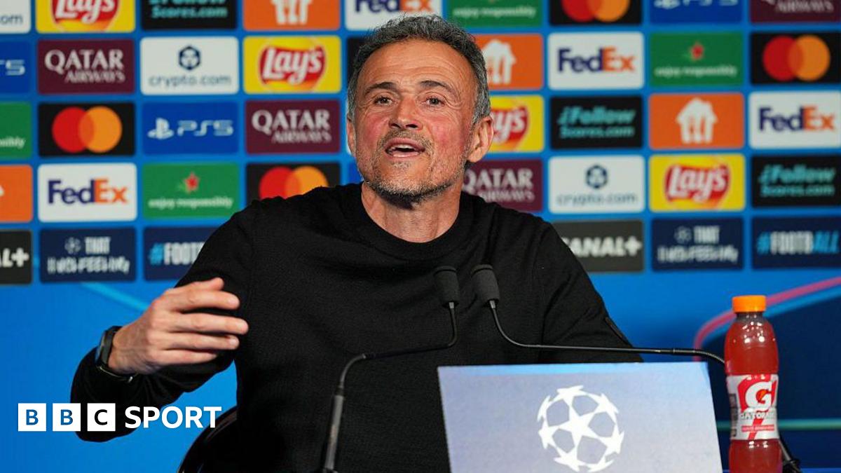 Luis Enrique speaks at a post-match Champions League media conference