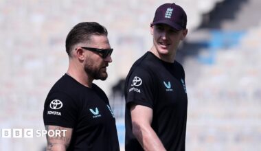 Brendon McCullum, England head coach, and Harry Brook of England are seen ahead of the ICC Men's T20 World Cup India & Sri Lanka 2026 match between England and Scotland at Eden Gardens