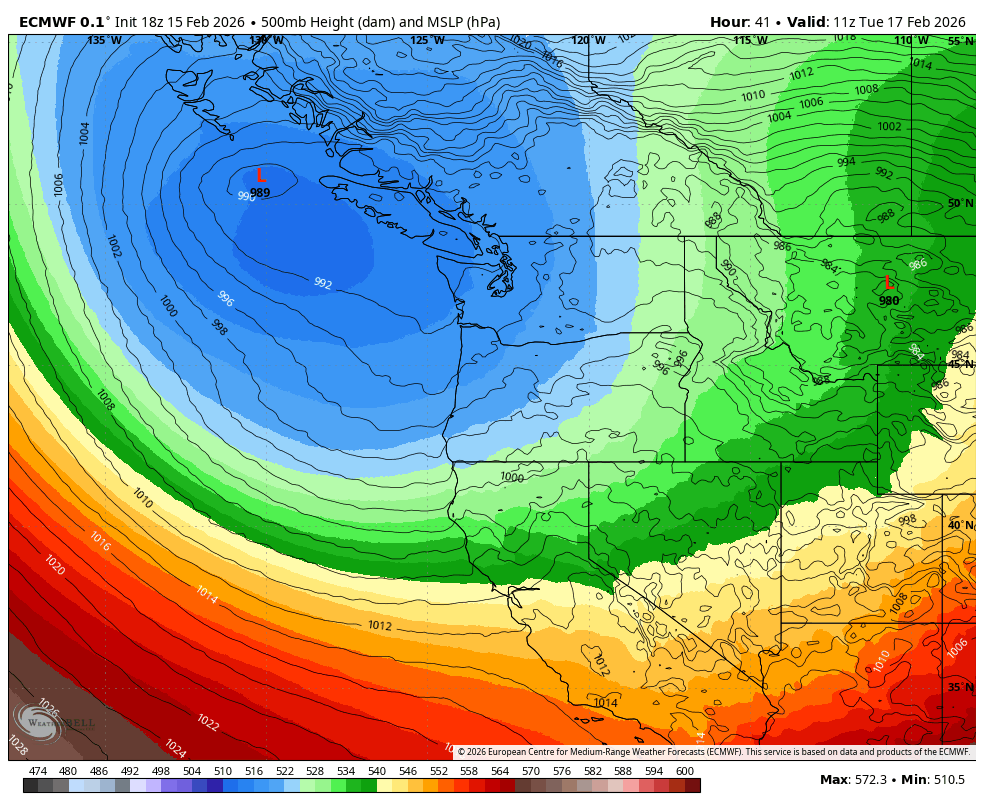 ECMWF 500mb heights chart showing broad trough of low pressure moving into Pacific Northwest on Tuesday