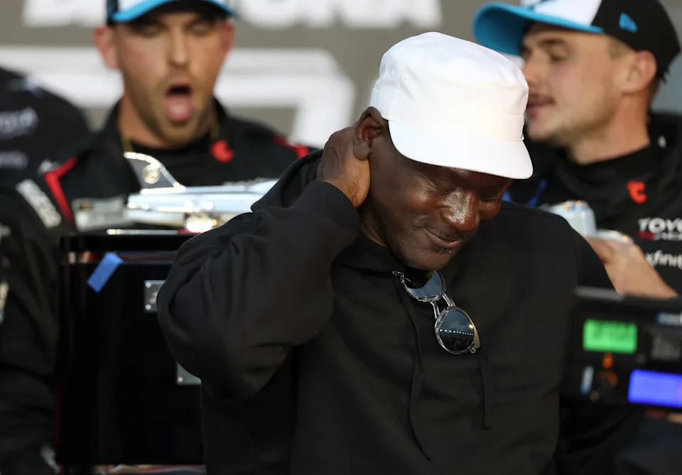 DAYTONA BEACH, FLORIDA - FEBRUARY 15: Michael Jordan, NBA Hall of Famer and co-owner of 23XI Racing reacts in victory lane after Tyler Reddick, driver of the #45 Chumba Casino Toyota, wins the NASCAR Cup Series Daytona 500 at Daytona International Speedway on February 15, 2026 in Daytona Beach, Florida. (Photo by Chris Graythen/Getty Images)
