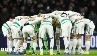 Celtic players join together in their pre-match huddle