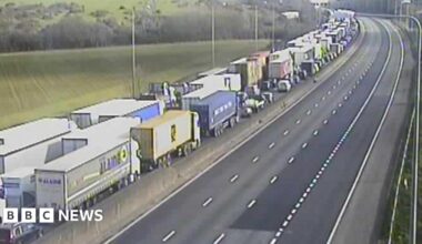A queue of traffic made up of lorries and cars queueing on the M25. The other carriageway is completely empty.
