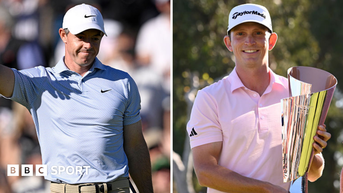 Rory McIlroy celebrates and Jacob Bridgeman holds the trophy at the Genesis Invitational