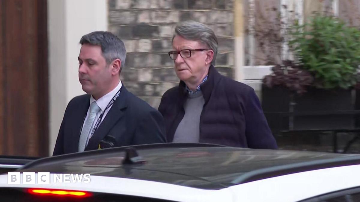 Lord Mandelson being arrested at his London home on Monday