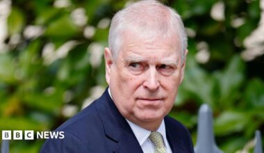 Andrew Mountbatten-Windsor wearing a navy suit, white shirt and yellow printed tie