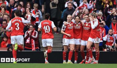 Arsenal players celebrate Olivia Smith's goal against Manchester City