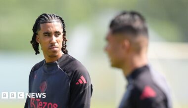 Manchester United's Leny Yoro (left) and Casemiro (blurred out) during a training session at the Carrington Training Centre, Manchester.