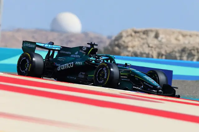 Lance Stroll drives the Aston Martin in Bahrain