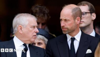 Andrew Mountbatten-Windsor and Prince William, Prince of Wales attend Katharine, Duchess of Kent's Requiem Mass