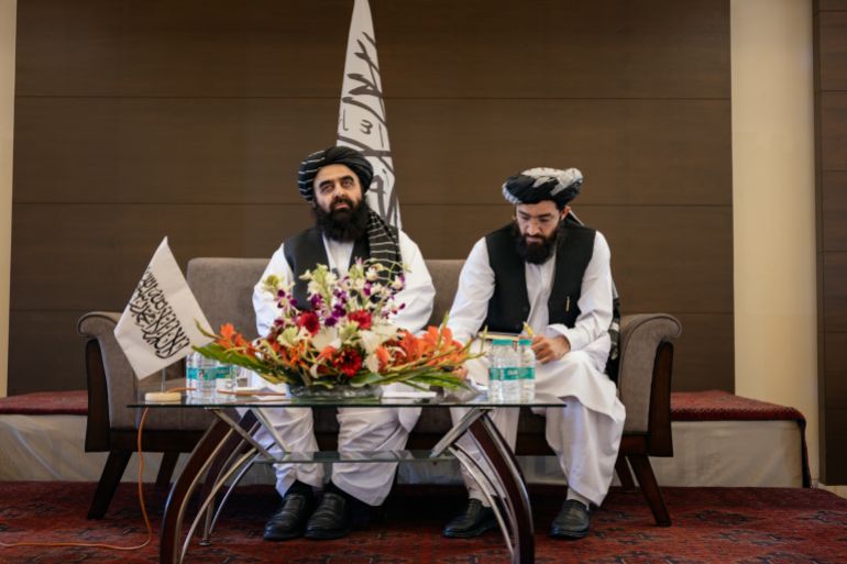 NEW DELHI, INDIA - OCTOBER 12: Afghanistan's Taliban Foreign Minister, Amir Khan Muttaqi, adresses media at a press conference on October 12, 2025 in New Delhi, India. During Muttaqi's media interaction earlier this week, the Taliban leader had come under fire for discriminatory behaviour for “not allowing” women journalists. (Photo by Elke Scholiers/Getty Images)