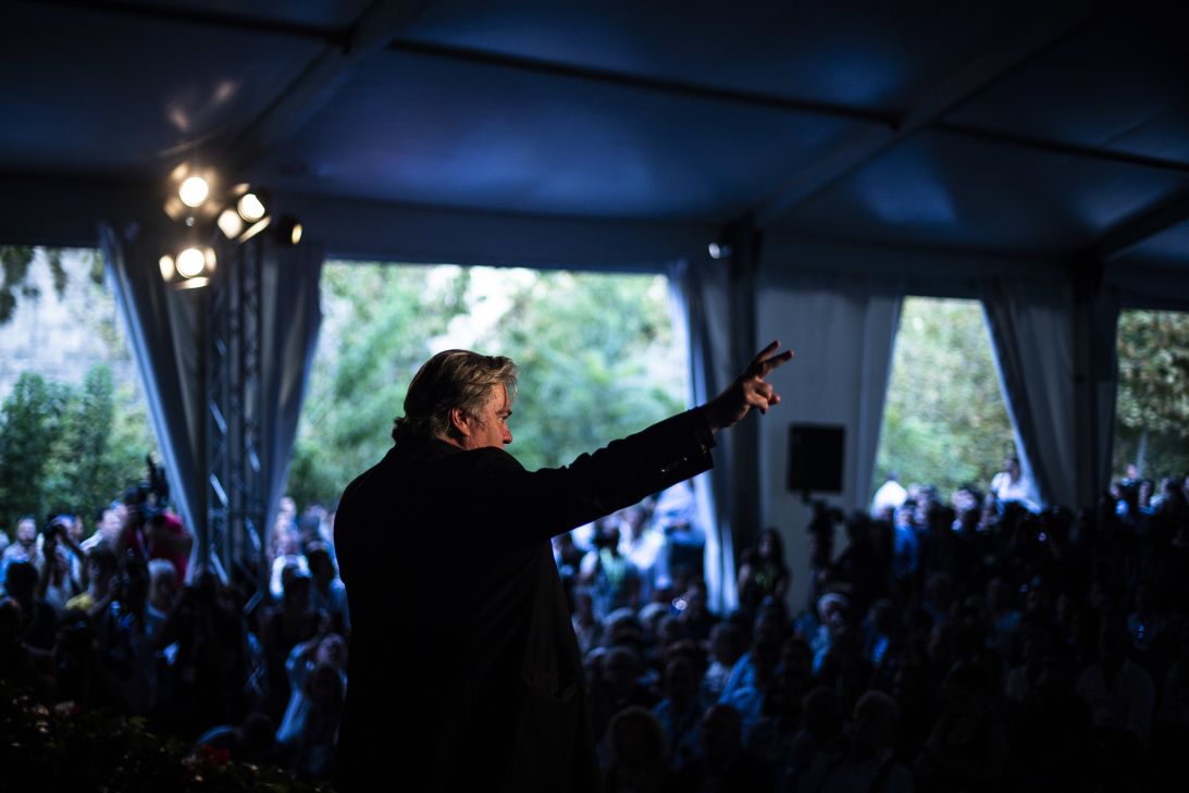 Former White House Chief Strategist Steve Bannon speaks at Atreju 2018, a conference of right wing activists, on September 22, 2018, in Rome, Italy. Bannon was in Rome to drum up support for The Movement, his organization designed to help right-wing political parties in Europe.