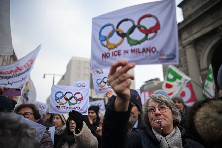 People in Milan protested on Saturday against ICE being at the Winter Olympics.