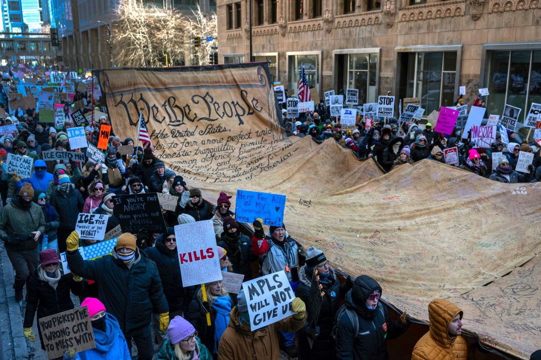 Demonstrators march calling for an end to ICE operations in Minnesota on January 30, 2026, in Minneapolis.