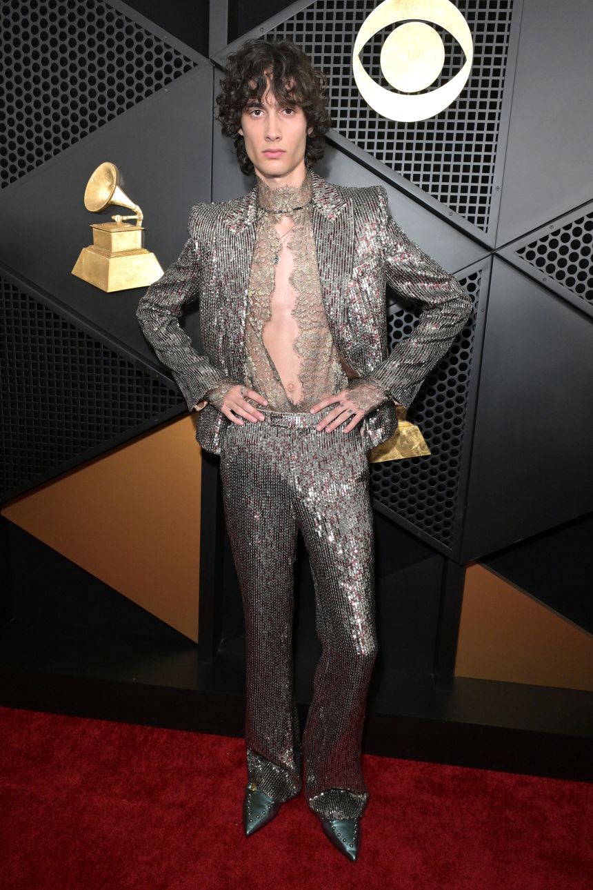 Best New Artist nominee Sombr wore his custom sequined Valentino suit with a revealing lace shirt.