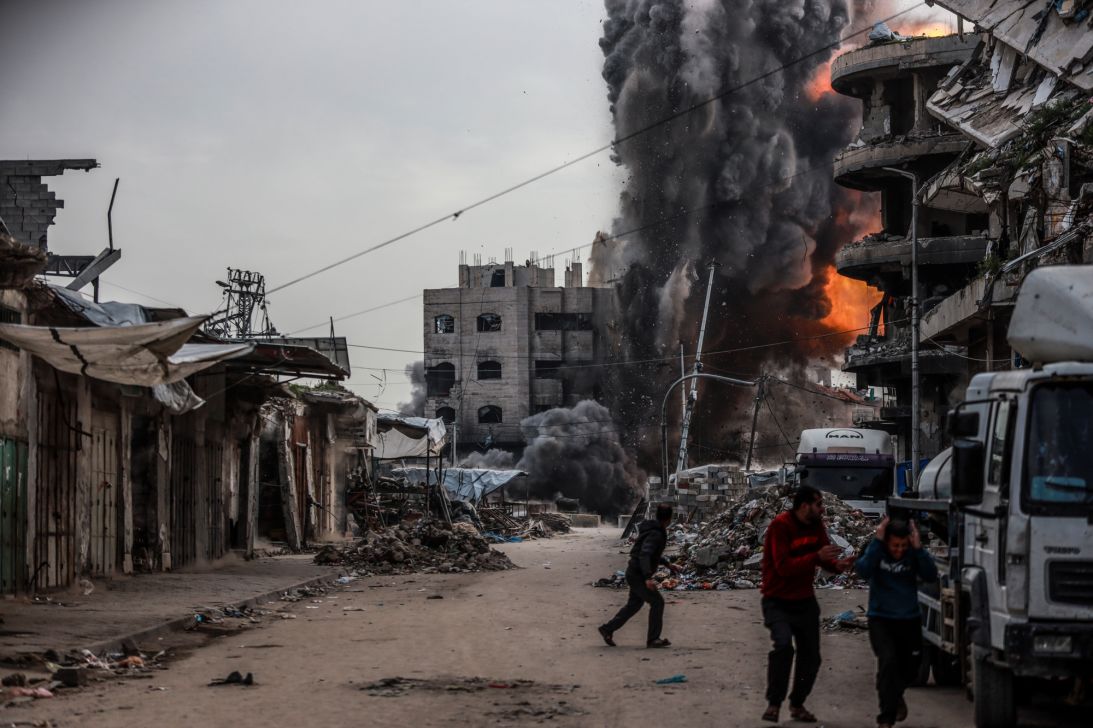 Smoke and flames rise after an Israeli attack on a three-story building in the Zeitoun neighborhood in Gaza City on Friday, February 6, 2026.