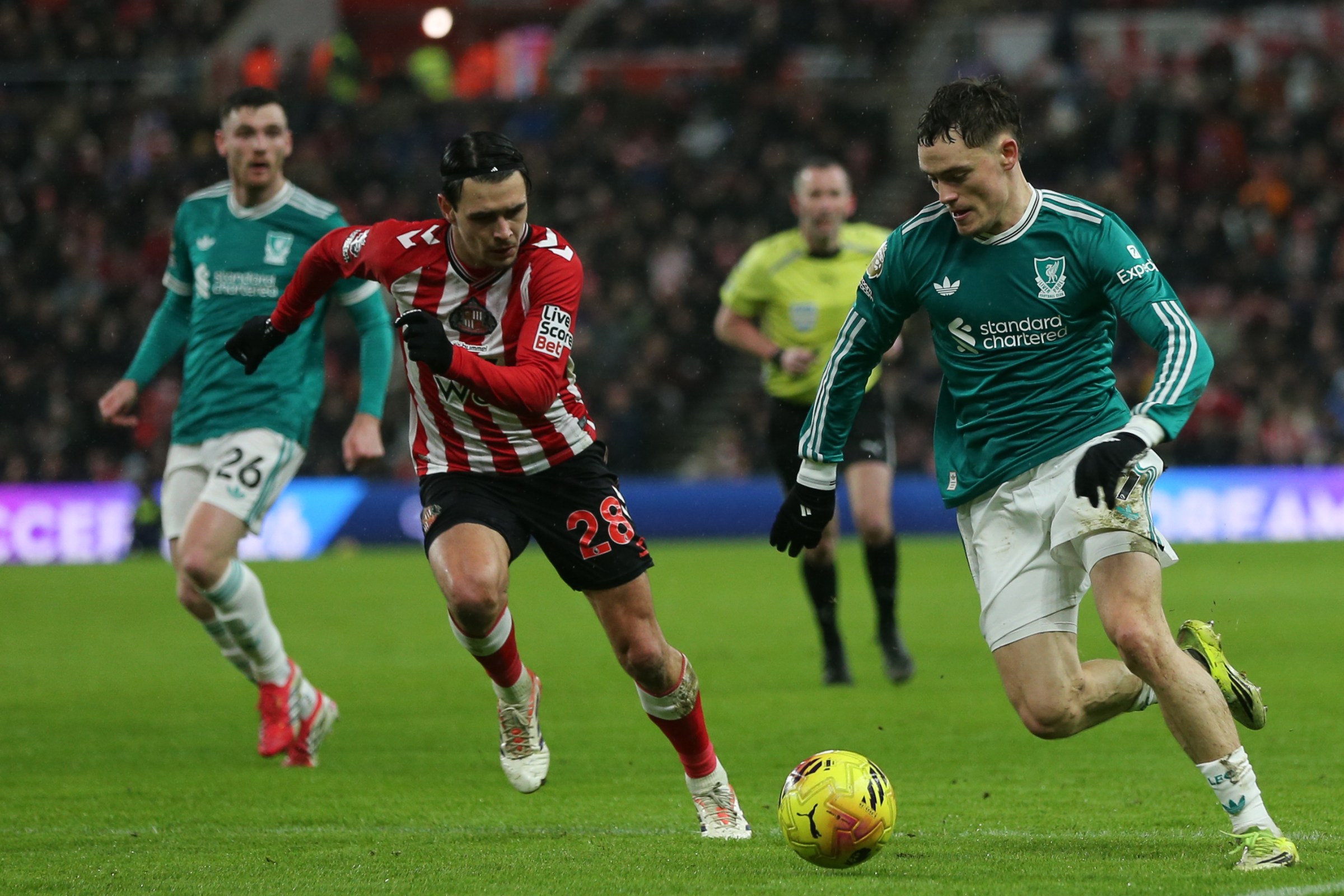 Florian Wirtz of Liverpool runs past Enzo Le Fee of Sunderland during the Premier League match between Sunderland and Liverpool at the Stadium of Light in Sunderland, England, on February 11, 2026. (Photo by Michael Driver/MI News/NurPhoto via Getty Images)