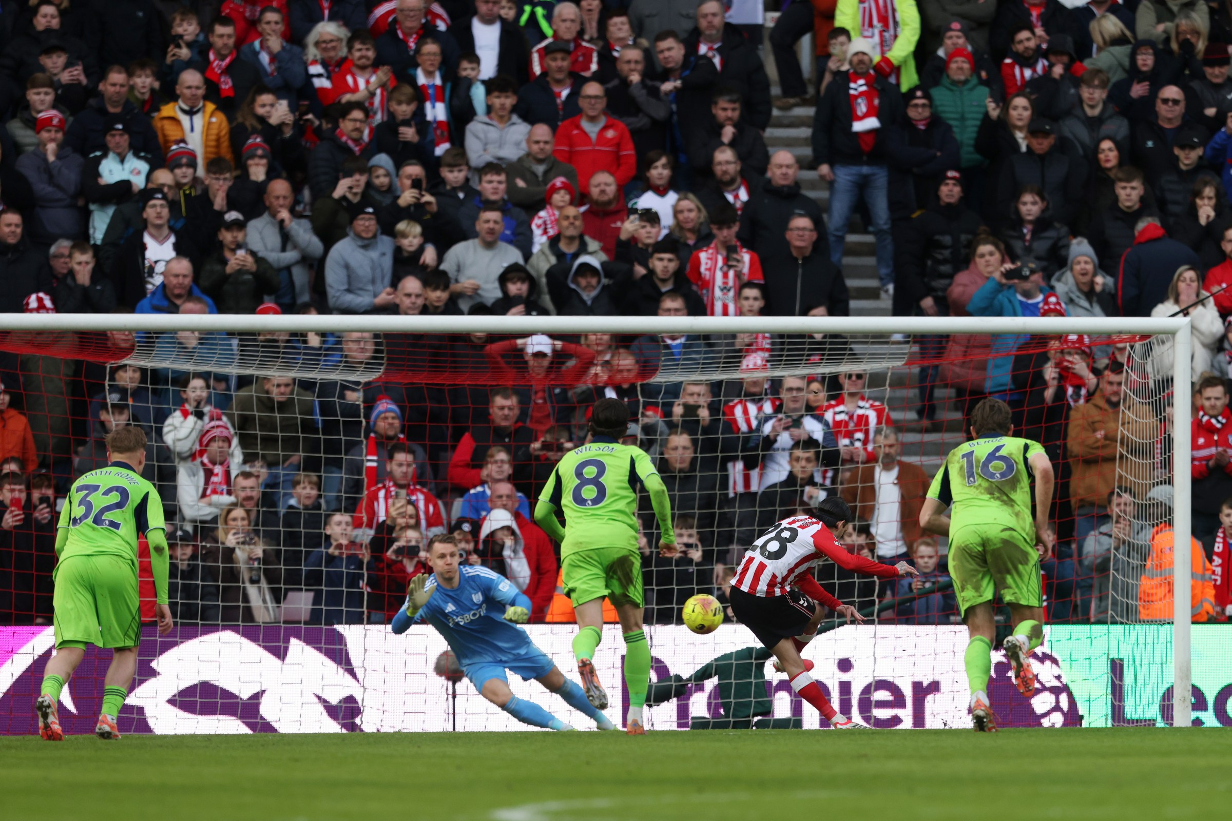 Enzo Le Fee of Sunderland scores his first goal from the penalty spot during the Premier League match between Sunderland and Fulham at the Stadium Of Light in Sunderland, England, on February 22, 2026. (Photo by Mark Fletcher/MI News/NurPhoto via Getty Images)