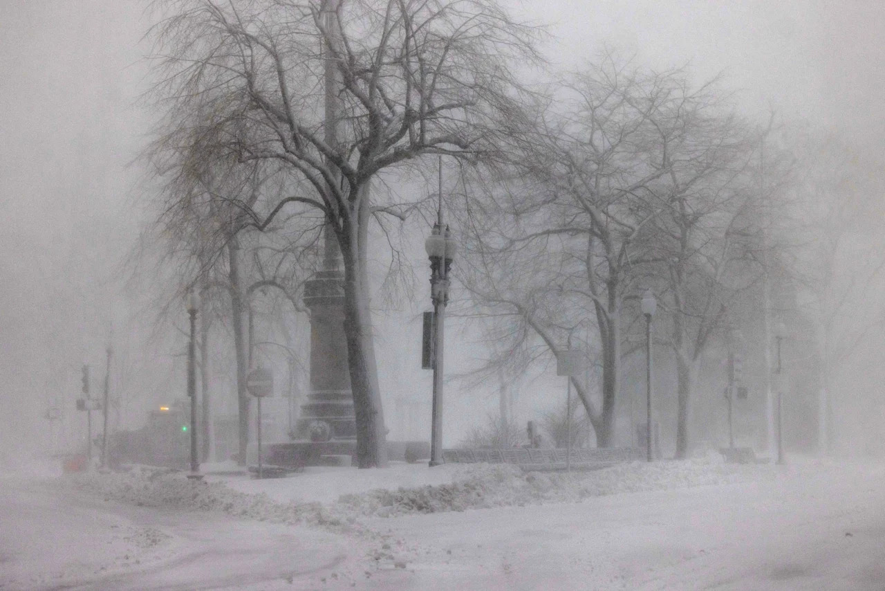 Whiteout conditions in Post Office Square on Feb. 23 in Boston, Massachusetts. 