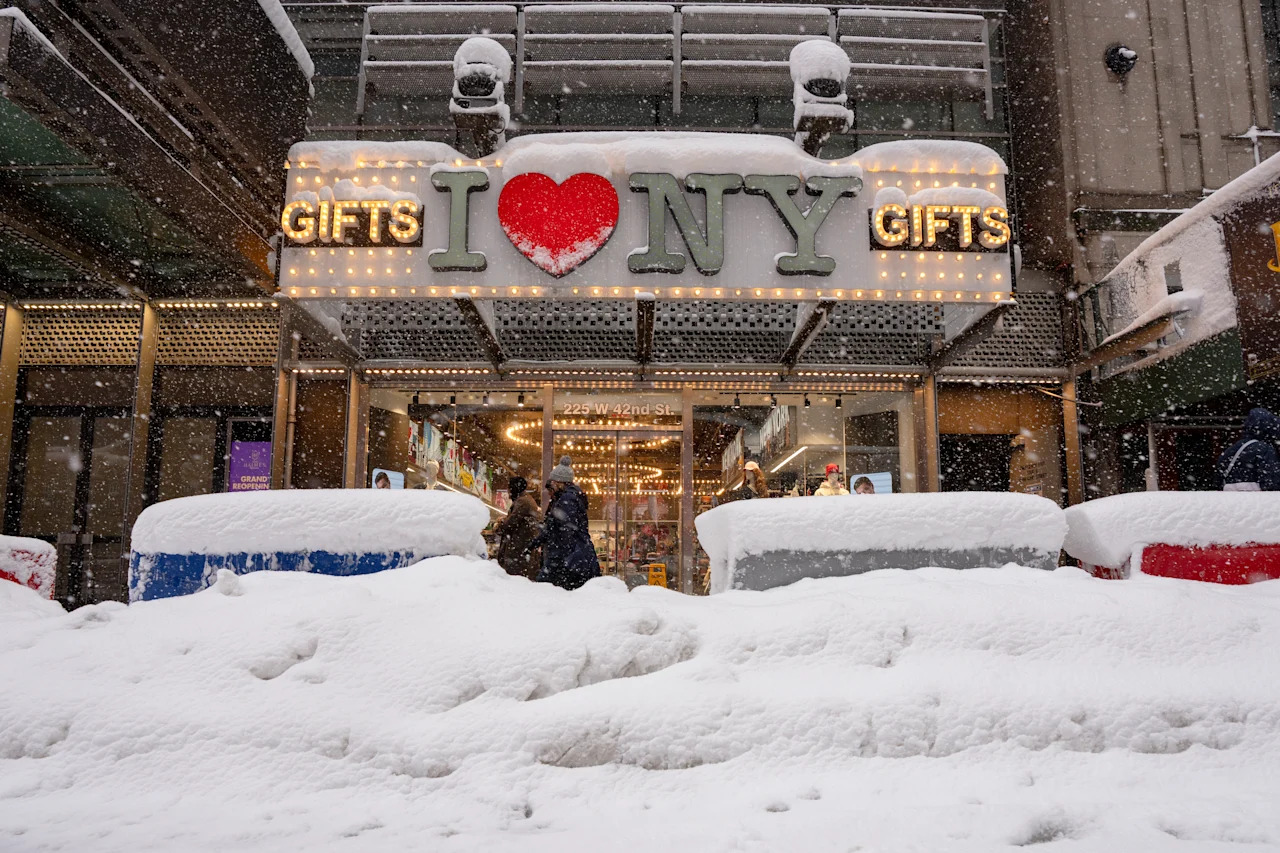 People walk through snow and slush in Times Square.