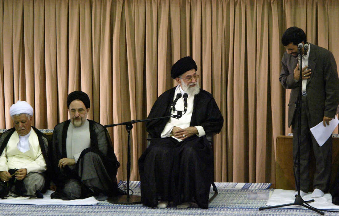 In 2005, Iran's supreme leader, Ayatollah Ali Khamenei (center), newly elected President Mahmoud Ahmadinejad (right), outgoing President Mohammad Khatami and former President Ali Akbar Hashemi Rafsanjani attend Ahmadinejad's inaugural ceremony in Tehran.