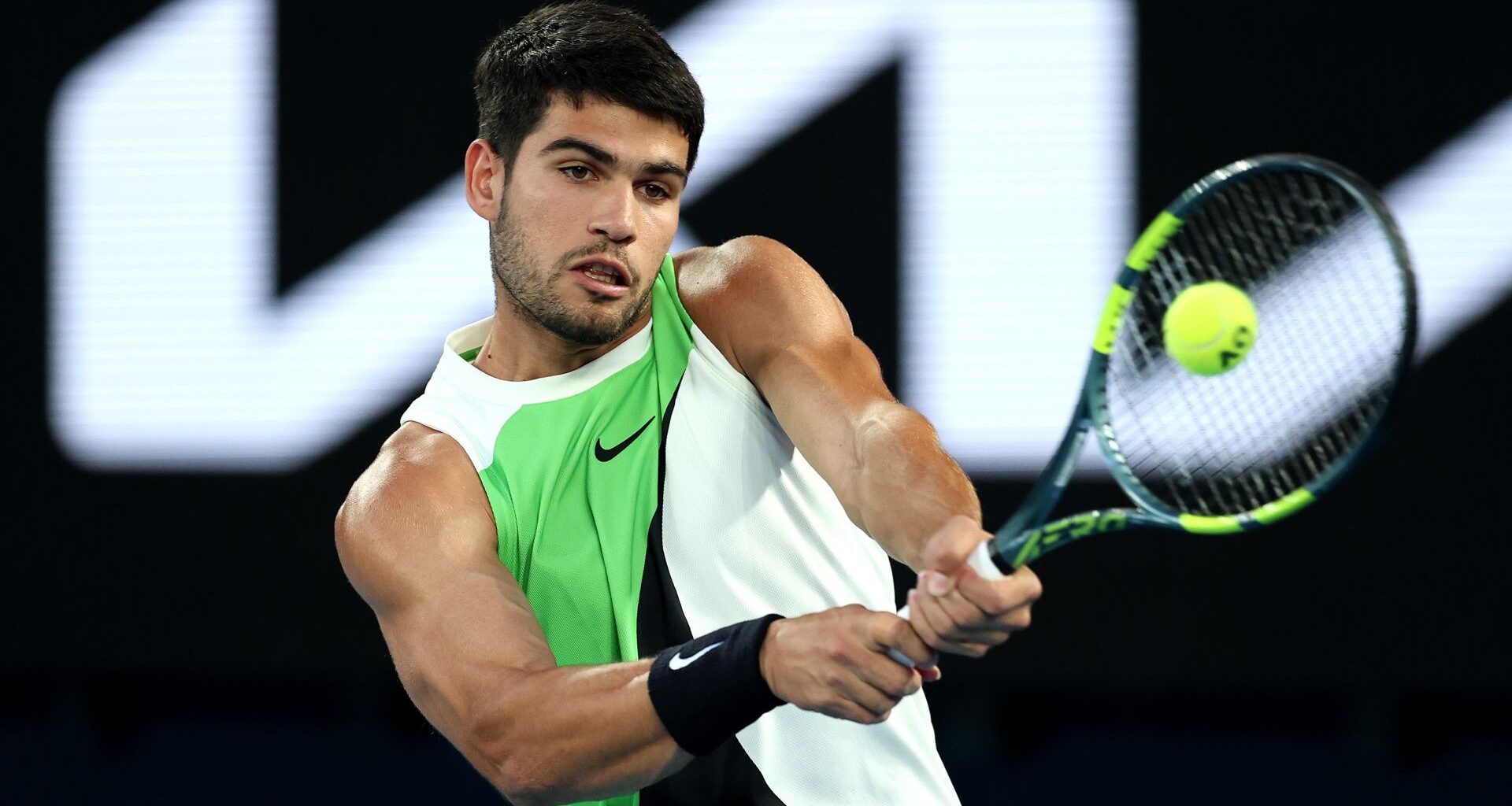 Carlos Alcaraz of Spain plays a backhand against during the Australian Open at Melbourne Park.