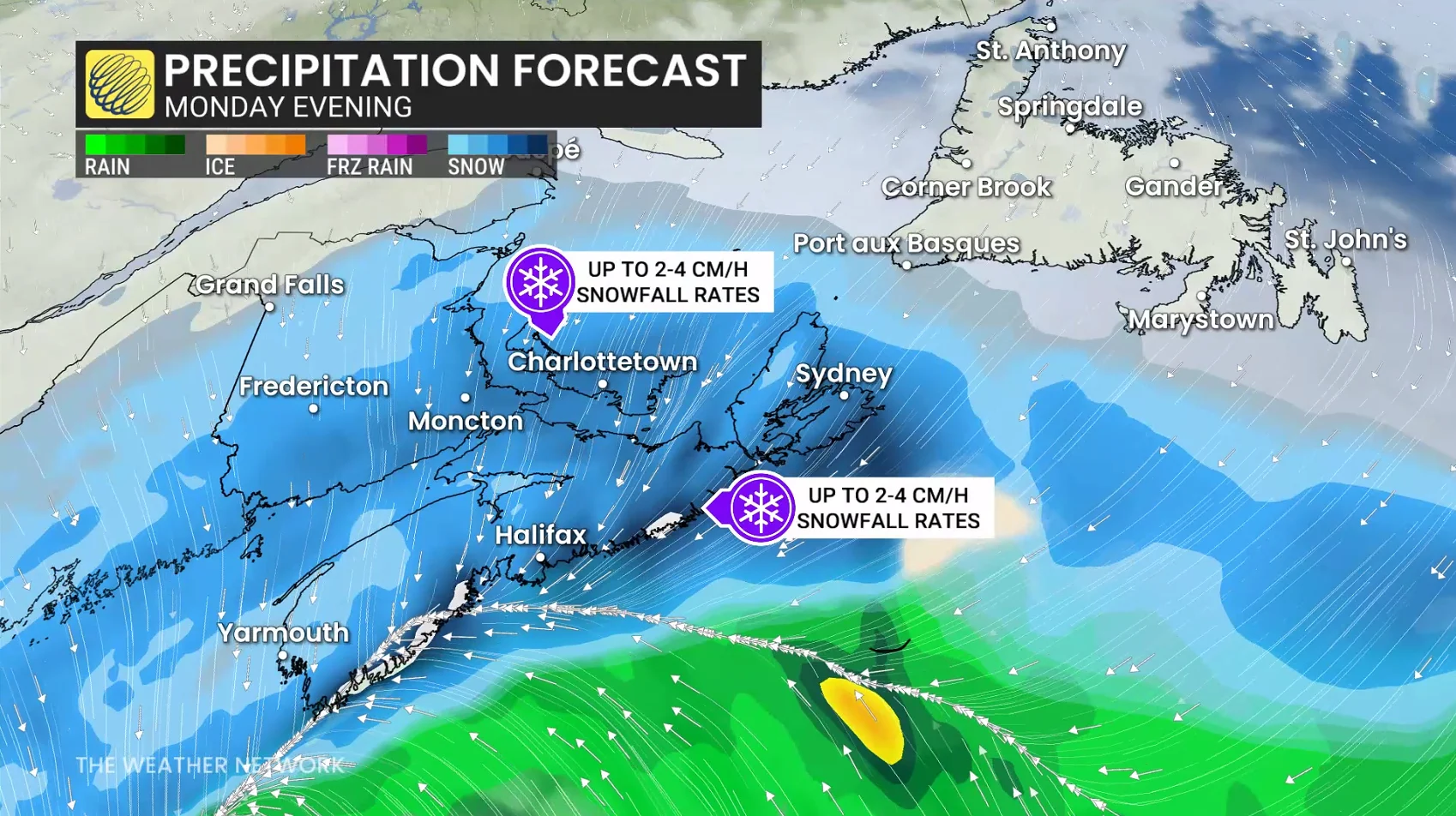 Atlantic Canada precipitation forecast Monday evening